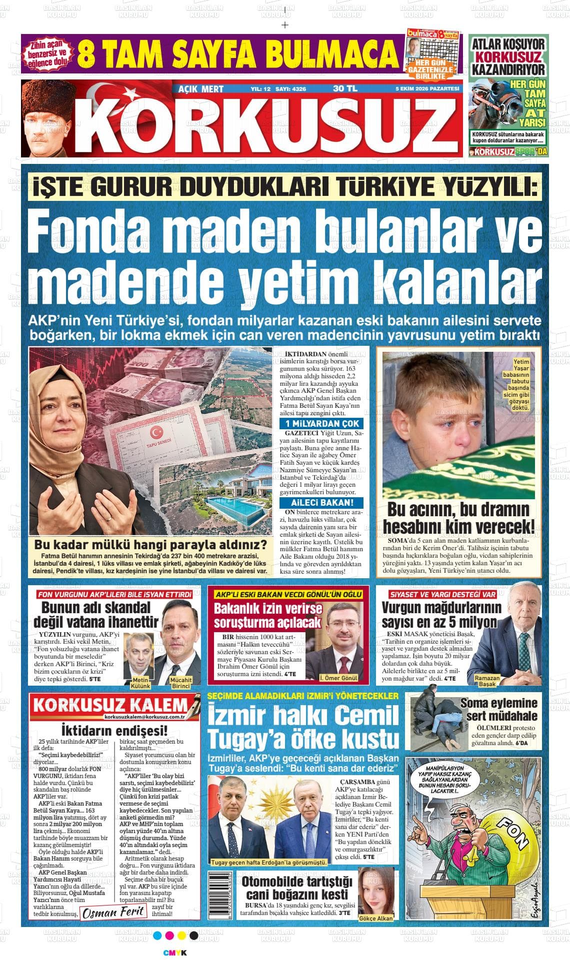 Açık Mert Korkusuz gazetesinin bugünkü ilk sayfası