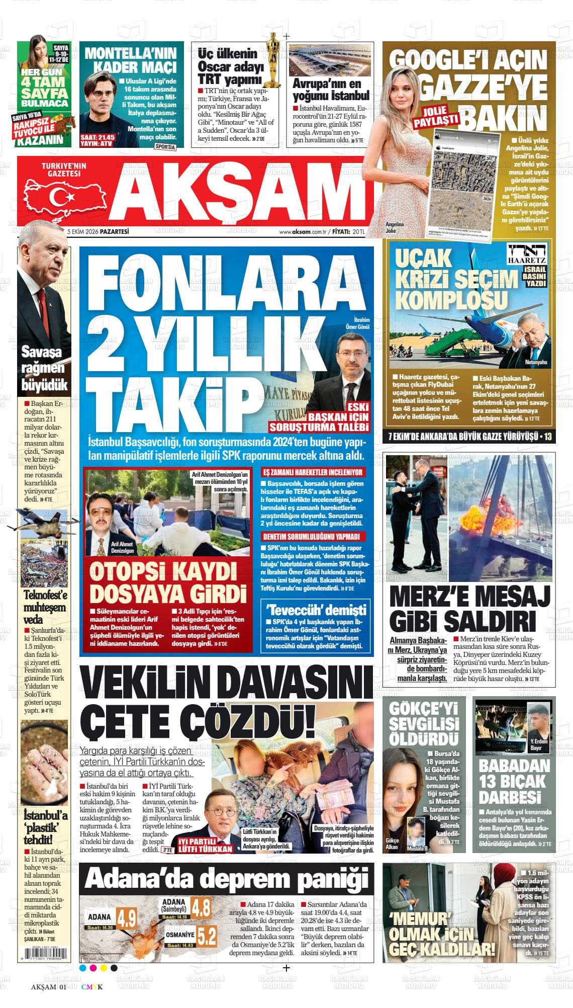 Akşam gazetesinin bugünkü ilk sayfası