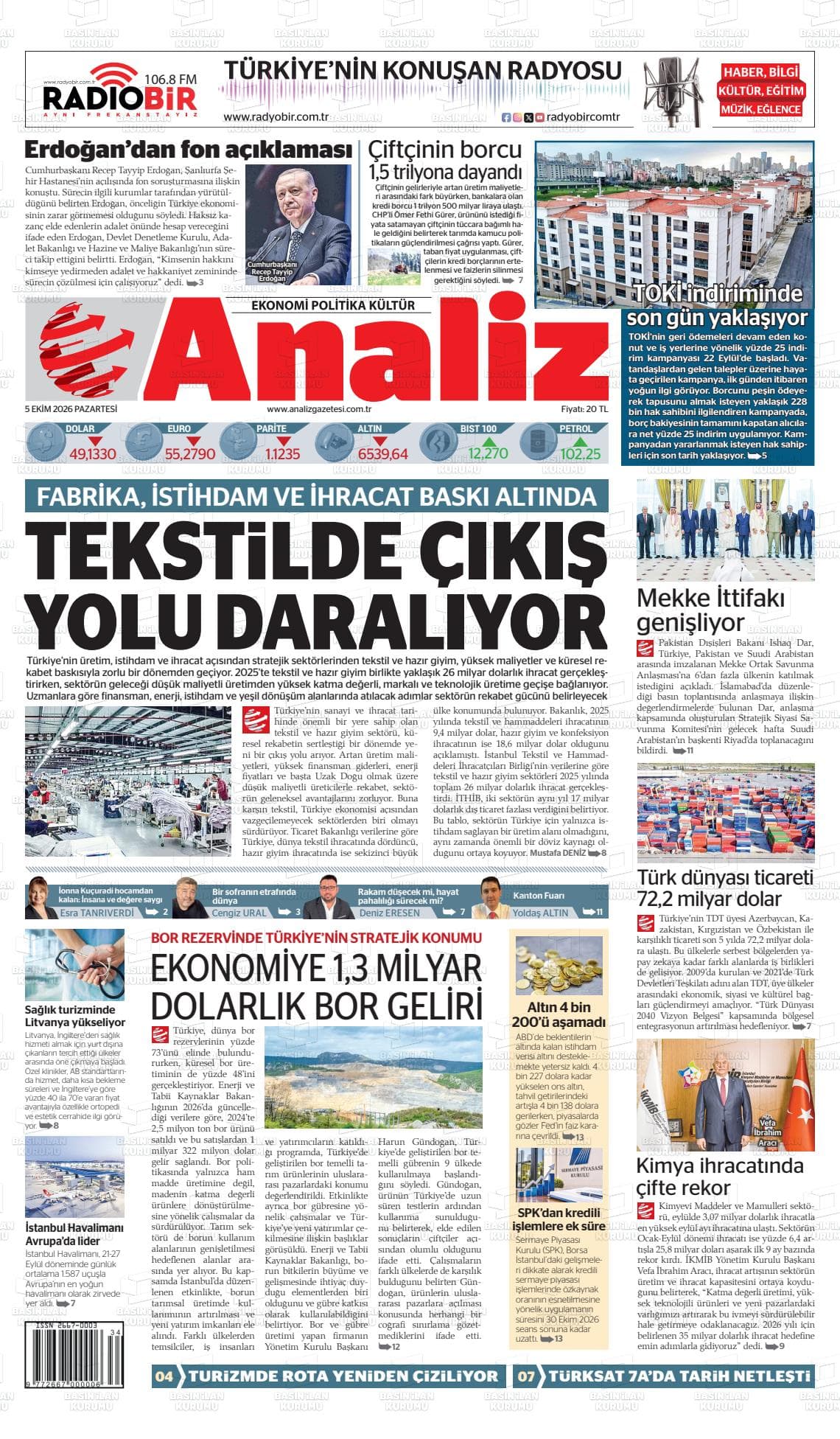 Analiz gazetesinin bugünkü ilk sayfası