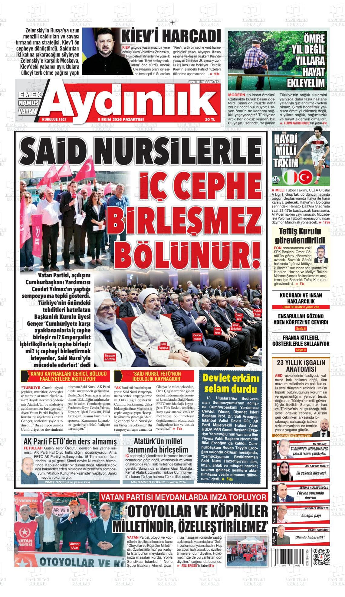 Aydınlık gazetesinin bugünkü ilk sayfası