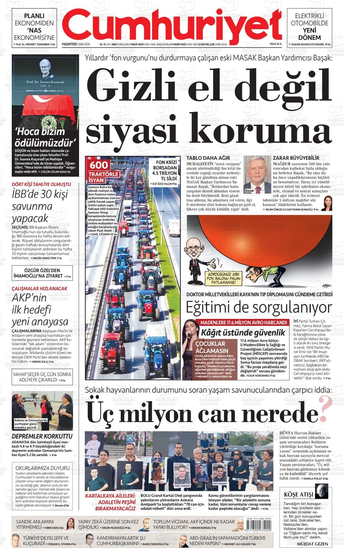 Cumhuriyet gazetesinin bugünkü ilk sayfası