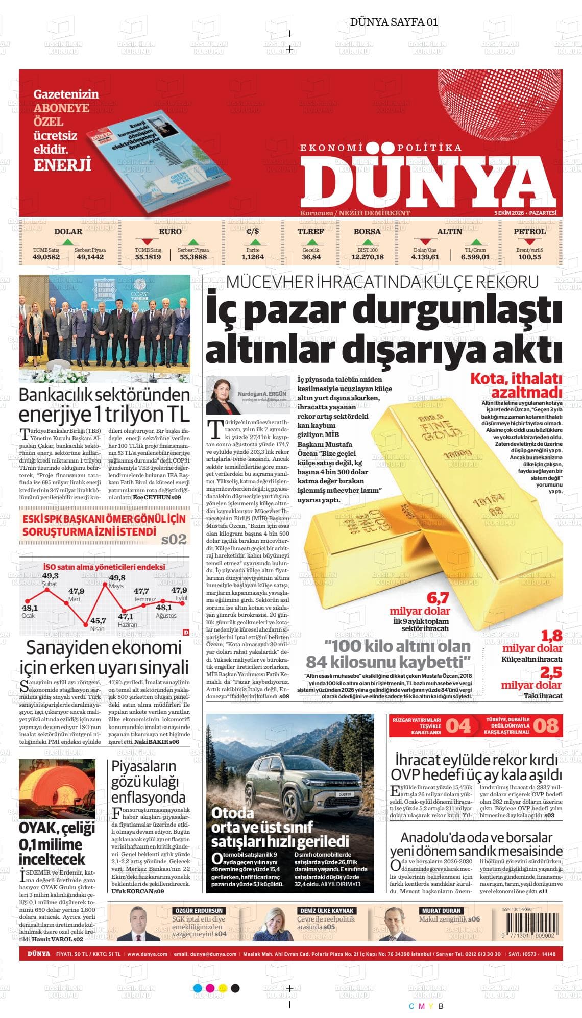 Dünya Ekonomi-Politika gazetesinin bugünkü ilk sayfası