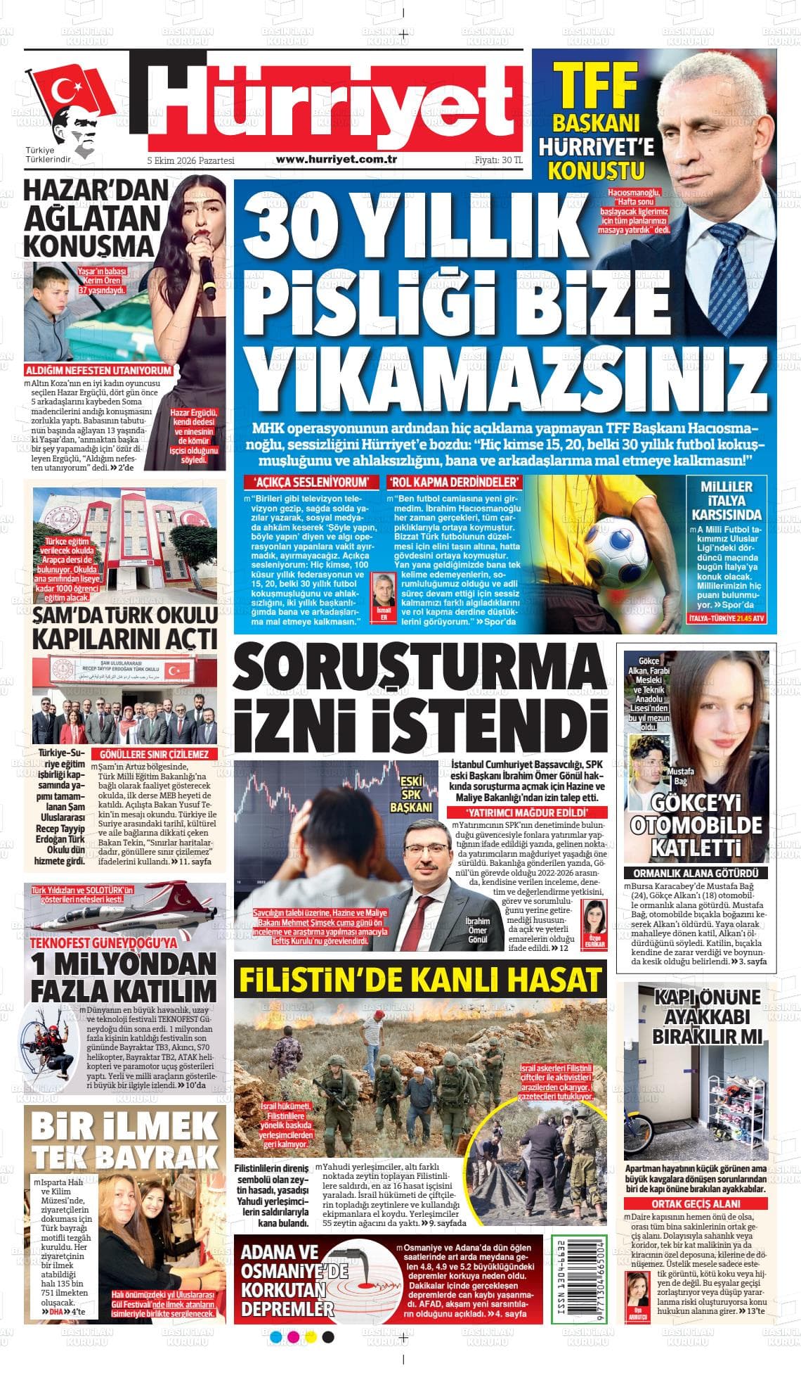 Hürriyet gazetesinin bugünkü ilk sayfası