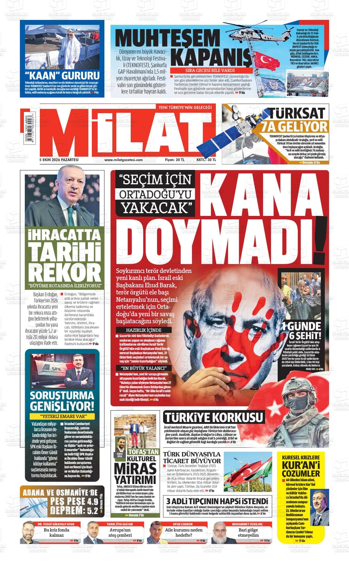 Milat gazetesinin bugünkü ilk sayfası