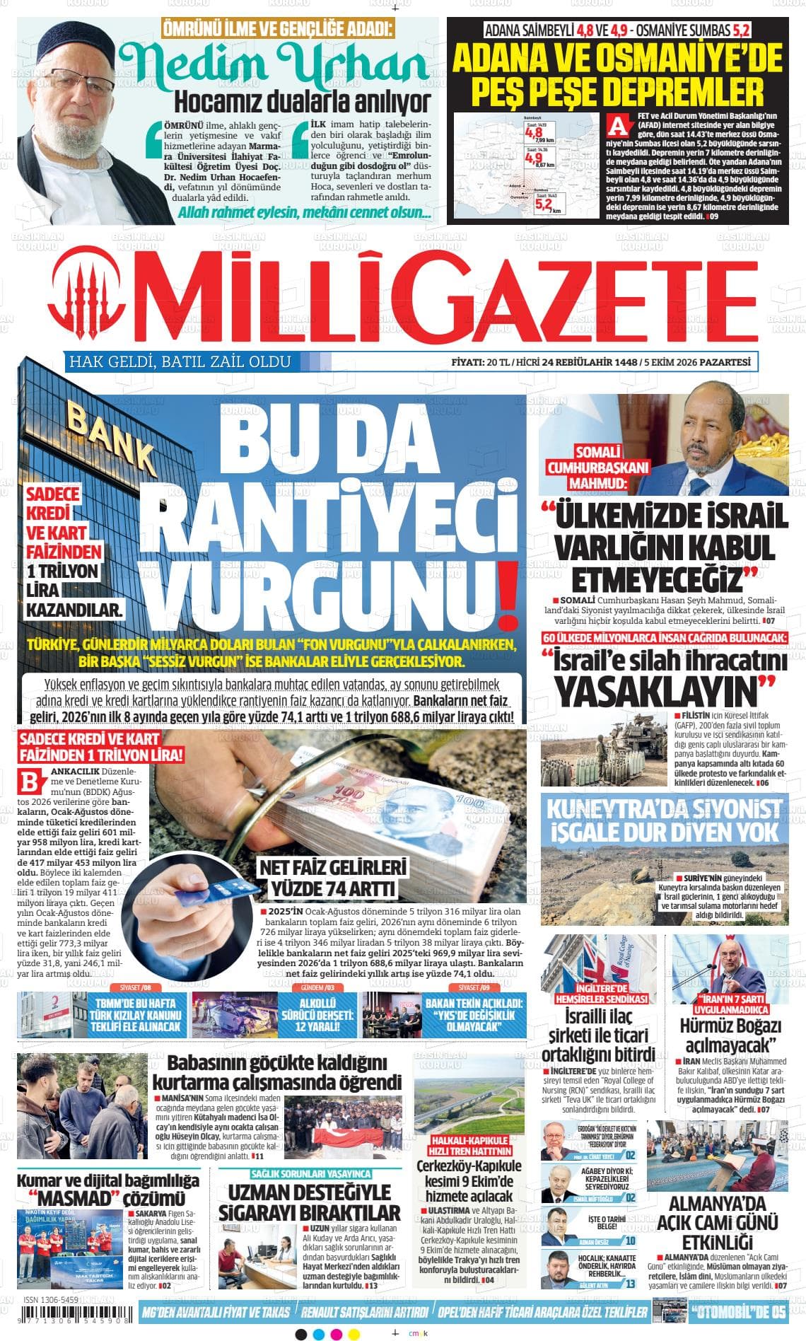 Milli Gazete gazetesinin bugünkü ilk sayfası