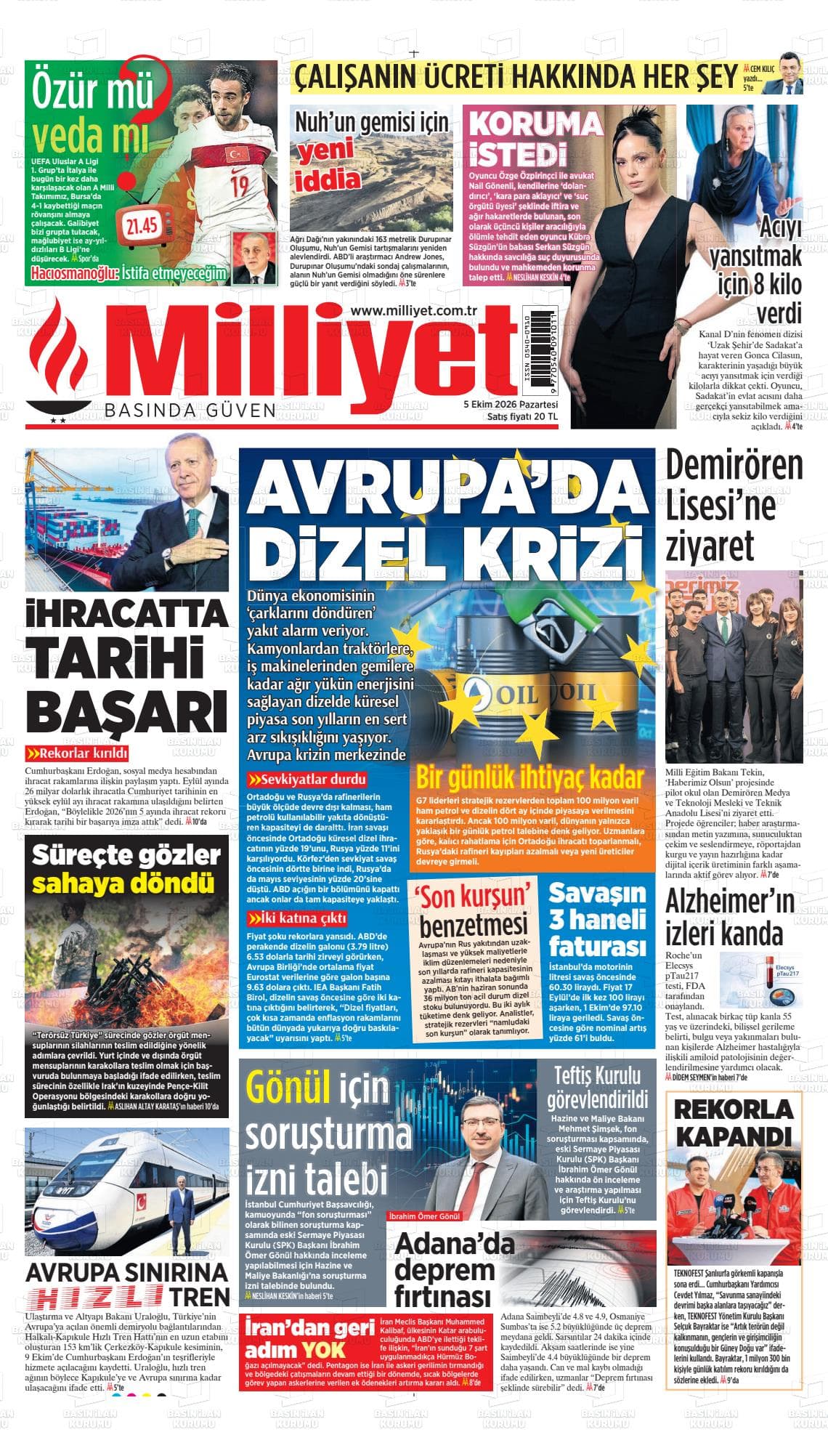 Milliyet gazetesinin bugünkü ilk sayfası