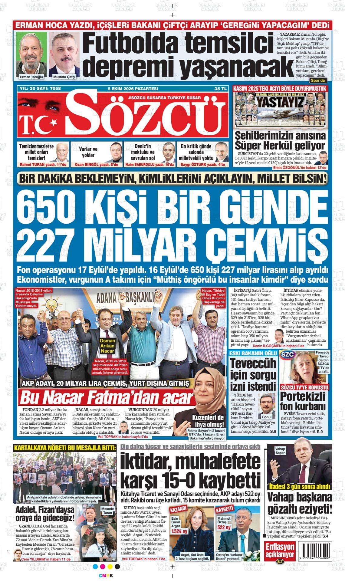 Sözcü gazetesinin bugünkü ilk sayfası