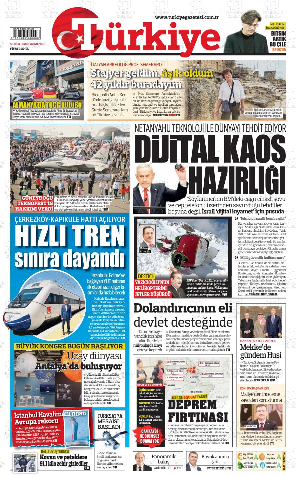 Türkiye gazetesinin bugünkü ilk sayfası