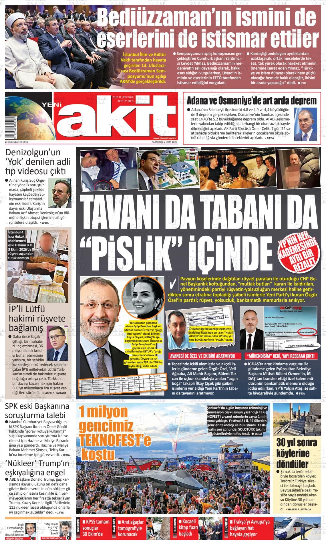Yeni Akit gazetesinin bugünkü ilk sayfası