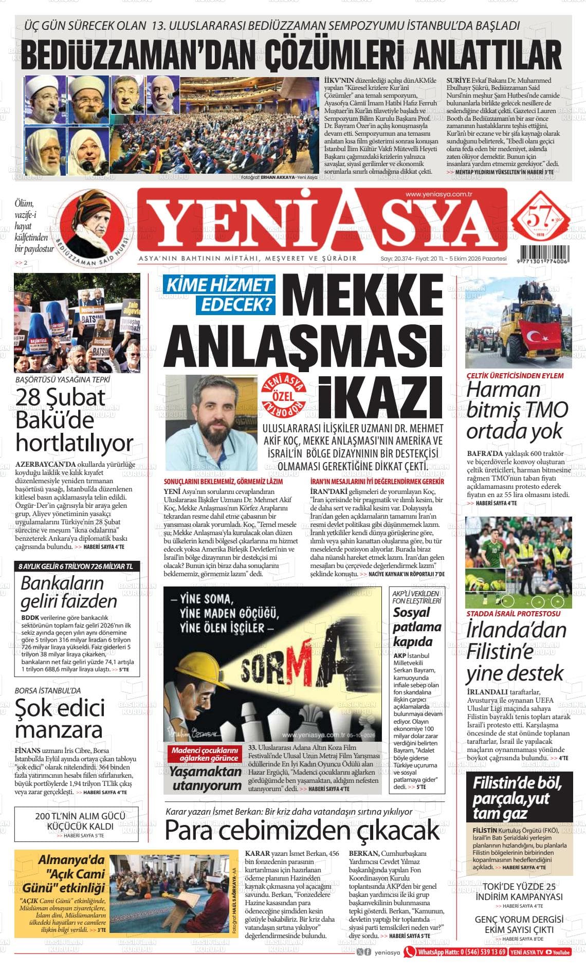 Yeni Asya gazetesinin bugünkü ilk sayfası