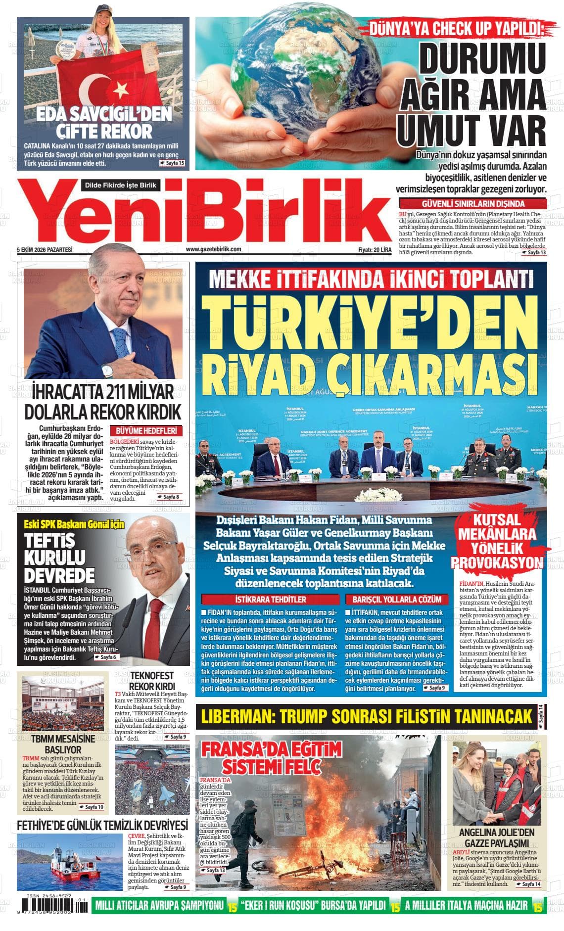 Yeni Birlik gazetesinin bugünkü ilk sayfası
