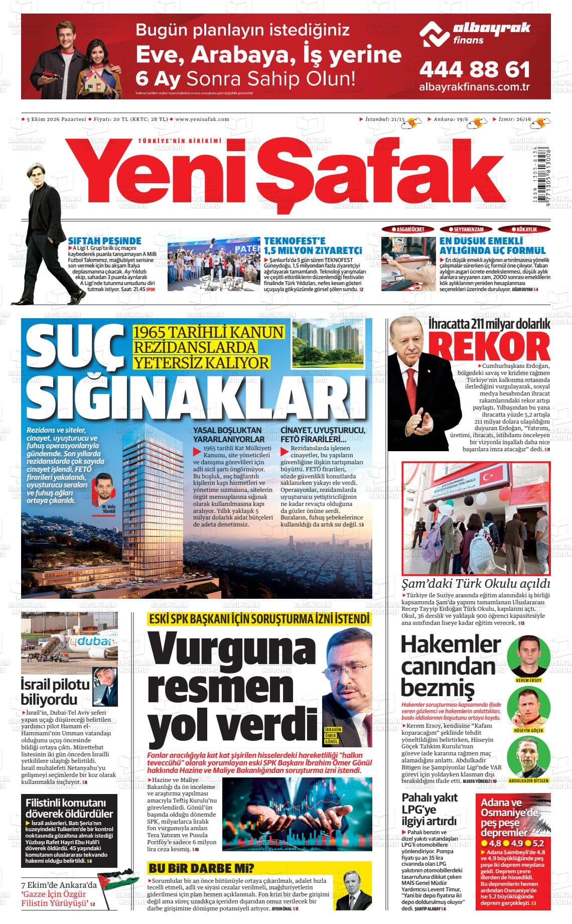 Yeni Şafak gazetesinin bugünkü ilk sayfası